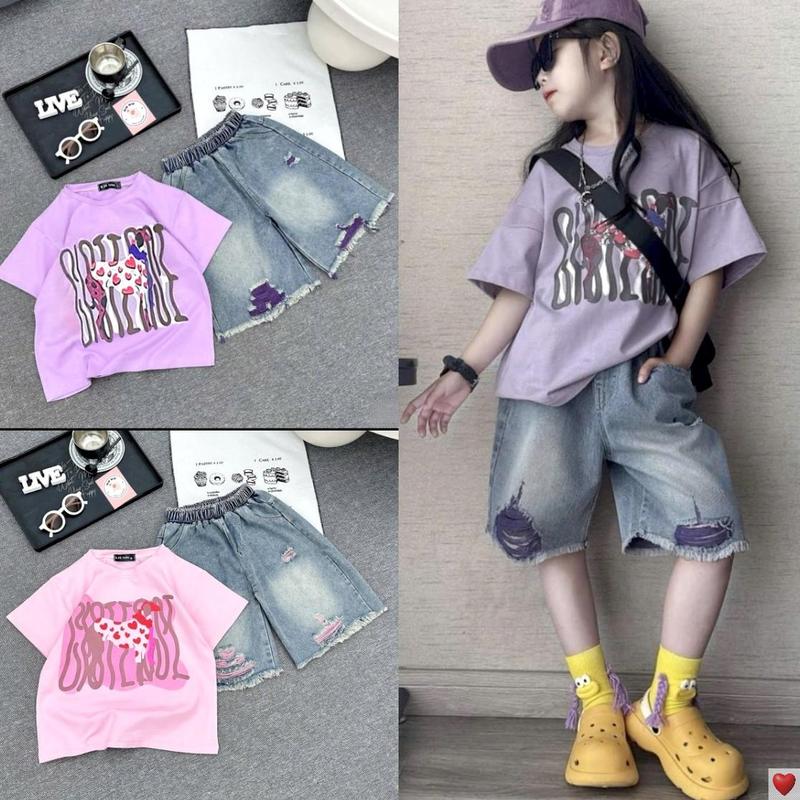 [MinMinKid2] (10-40kg dưới 1m45) Set áo thun cotton form lửng phối quần SỌC JEAN RÁCH cá tính cho bé gái diện đi học, đi chơi