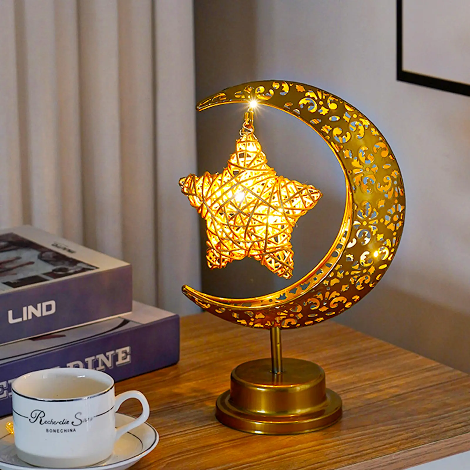 Lampu Kerajinan Festival Muslim Ramadhan Lampu Malam Dekoratif Bulan Berongga Besi Tempa Ornamen Lampu Liburan Bertenaga Baterai Dekorasi Kamar Tidur Rumah