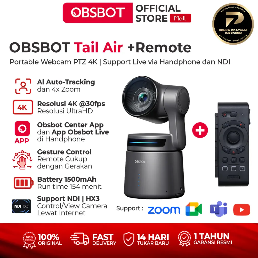 OBSBOT Tail Air AI-Powered 4K PTZ Streaming Camera With Remote Control
