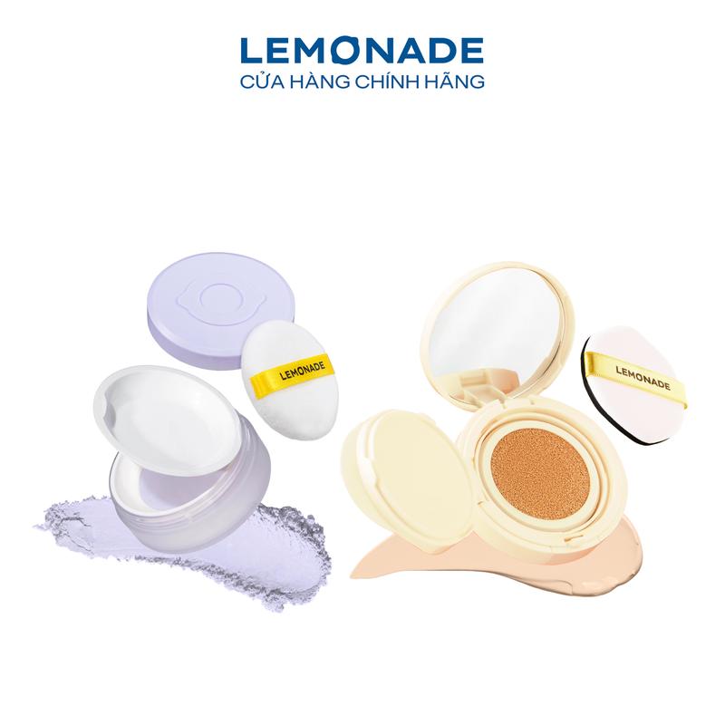 Combo 01 Phấn phủ mỏng nhẹ kiềm dầu thuần chay chống nắng Lemonade Supermatte No Makeup Loose Powder và 01 Phấn nước Lemonade Matte Addict Cushion 15g