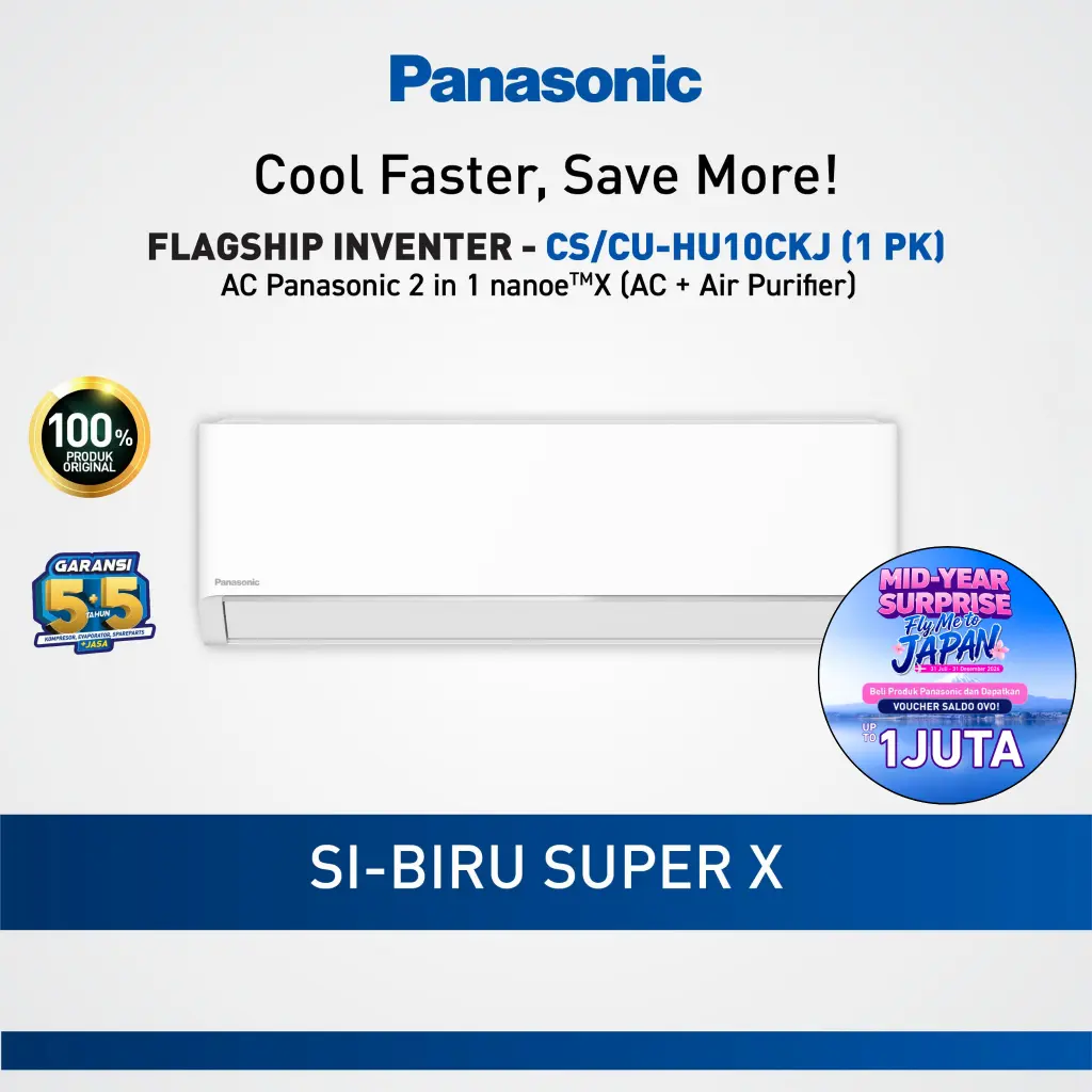 Panasonic AC 1 PK CS/CU-HU10CKJ Inverter Flagship (AC + Air Purifier) | AC Hemat Listrik | Dingin Cepat 30 Detik | Udara Lebih Bersih & Sehat | Smart AC | Tahan Lama & Anti Karat