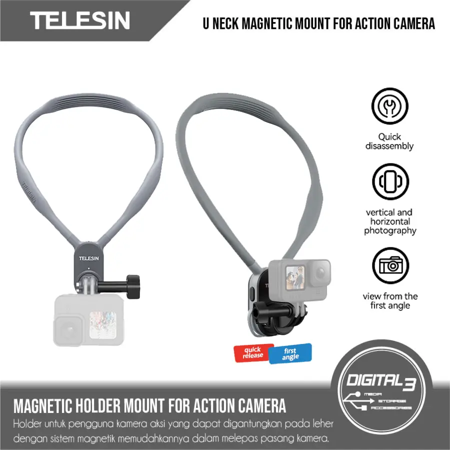 Telesin U Neck Magnetic Mount Holder Kalung Bracket Quick-Release GoPro Insta360 GO HP Universal