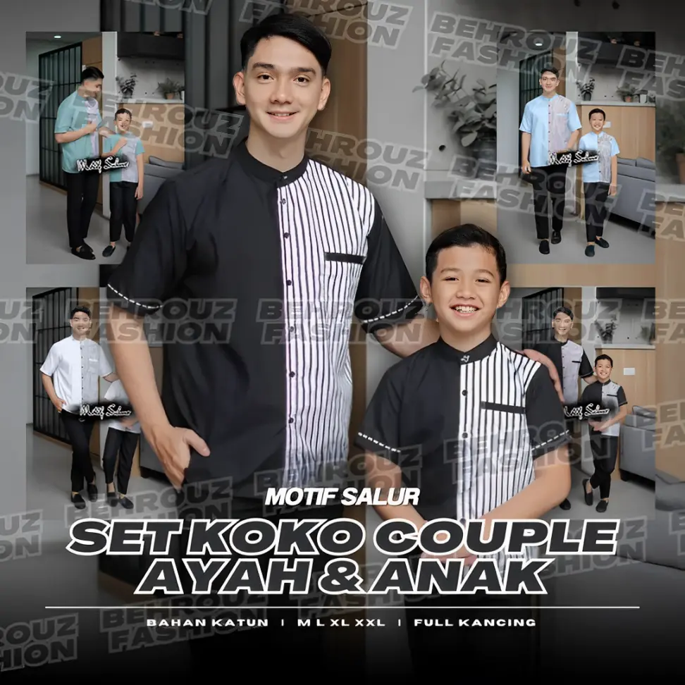 BEHROUZ Baju Koko Couple Ayah Anak Terbaru 2025 menyambut lebaran bahan katun poly signature kurta muslim pendek dewasa motif salur toyobo