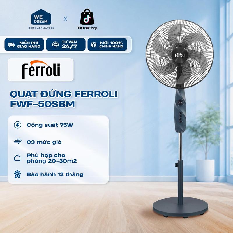 ️️Quạt Đứng Ferroli FWF-50SBM 75W - 6 Cánh, Hẹn Giờ 120 Phút, Làm Mát Hiệu Quả