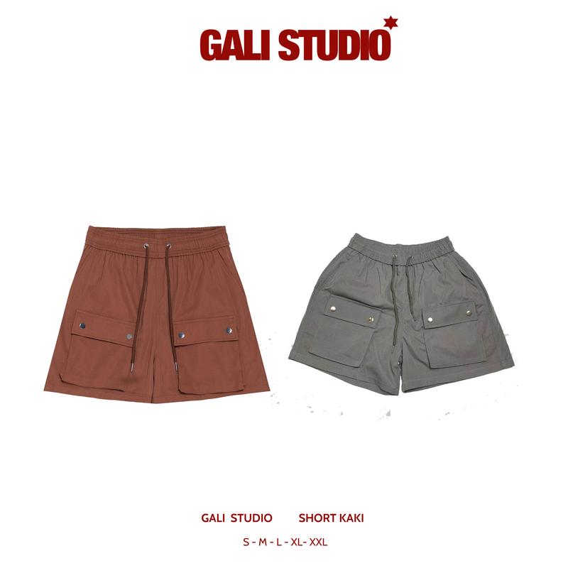  Quần kaki nam nữ túi hộp Gali Stu quần short nam kaki có 5 túi quần dây rút và cúc bấm không gỉ Menswear Có Túi Kem quần  short quan short 