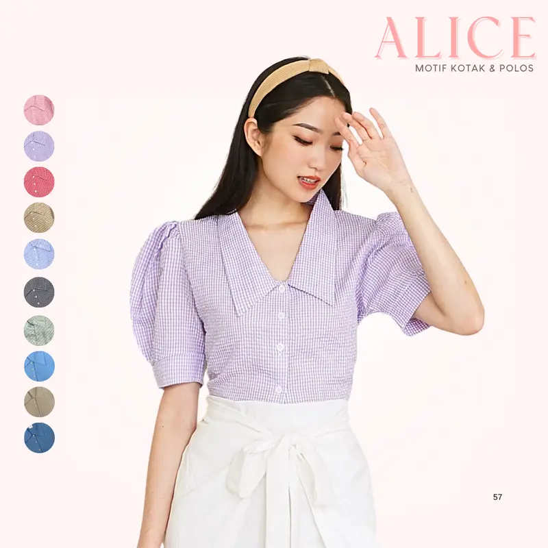 NAMARI - Alice Top - Baju Kemeja Croptop Lengan Balon Kotak Plaid Korean Wanita Fitted Press Body Motif Pendek Atasan Basic Katun Polyester 0