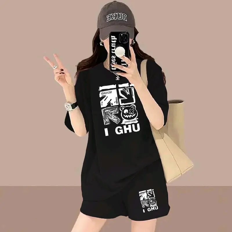 Setelan Celana Pendek dan Lengan Pendek Wanita bahan baby terry- Model Terbaru -setelan santai Atasan Motif printing Baju Kaos Hitam Cewek Nyaman Lembut Kerah bulat Panjang Topi 1