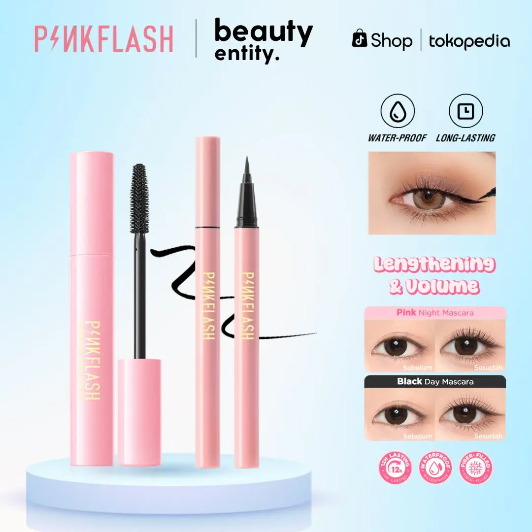(FLASHSALE)  PINKFLASH Mascara +  Liquid Eyeliner #OhMyLine Bundle Set Black Volumizing Waterproof Lasting 2pc Maskara dan Eyeliner