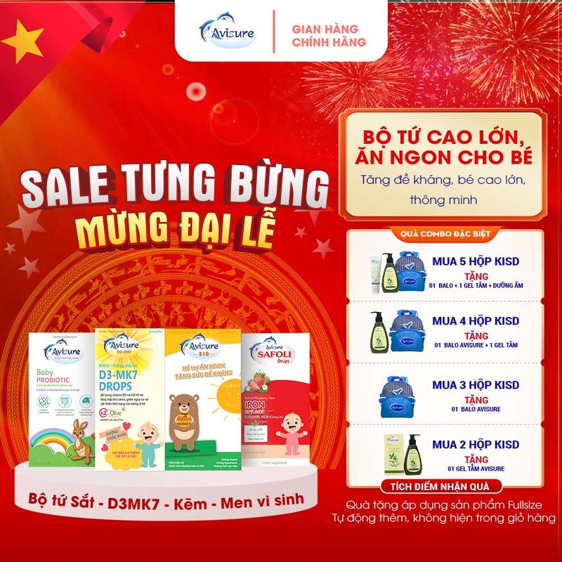 (Tích điểm nhận quà ) Bộ tứ  lọ Avisure Safoli 20ml , Avisure  D3Mk7 20ml , Avisure Zio 20ml , Avisure Probiotic 10ml bổ sung săt, kẽm, D3MK7, Men tiêu hoá cho bé Men Vi Sinh Vitamin
