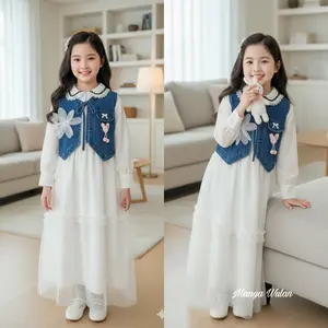 MW-SHOP - Gamis Felicia Rompi Jeans Lepas Anak Perempuan Usia 3 - 10 Tahun / Dress Denim Rompi Bunga Kancing Aktif - Baju Gamis Raya Anak Model Korean Style