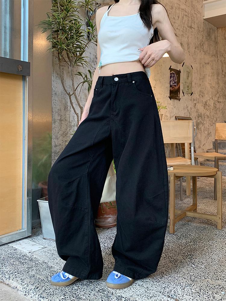 KoKo Jeans-กางเกงยีนส์ผู้หญิงสีดำ แฟชั่นเกาหลีเทรนด์ ขาบานหลวม ทรงโค้ง (รูปทรงกล้วย)