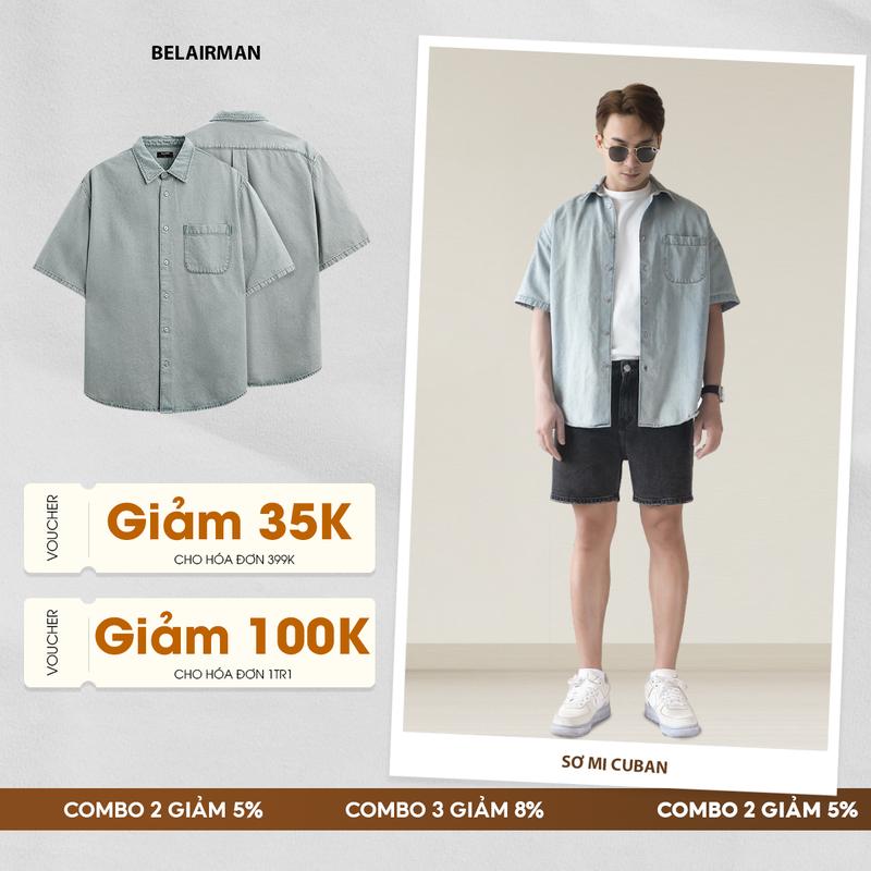 Áo sơ mi nam ngắn tay CUBAN BELAIRMAN kiểu dáng trẻ trung thoải mái năng động màu đen đường phố - ASCB0103 Màu Xanh Menswear