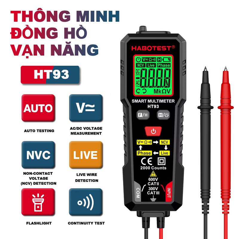 Đồng hồ vạn năng kỹ thuật số Multimeter Thông Minh,HT93 Kiểm Tra Tự Động Đo Điện Áp AC DC Phát Hiện Dây Trực Tiếp NCV Kiểm Tra Tính Liên Tục,Đèn Pin 2000 Số Đếm Đo Tự Động Phạm Vi,Bao Gồm Pin Không Bao Gồ đồng hồ