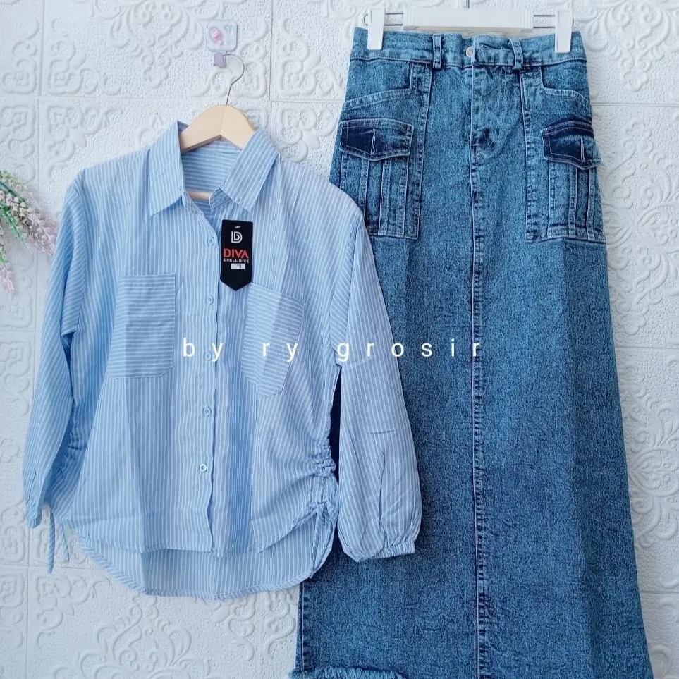 Setelan Wanita Tiara Blus Katun Rok Span Kargo Rawis
