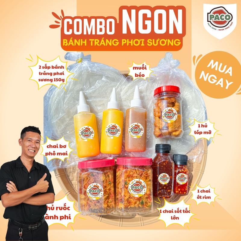 [Paco-KOL] Combo Ngon Bánh Tráng Phơi Sương 2 Sấp 150g 2 Hủ Ruốc Hành Phi 1 Tóp Mỡ 2 Chai Bơ Phô Mai 1 Muối Béo 1 Chai Ớt Rim Mật Ong Đồ Ăn Vặt Thịnh Hành