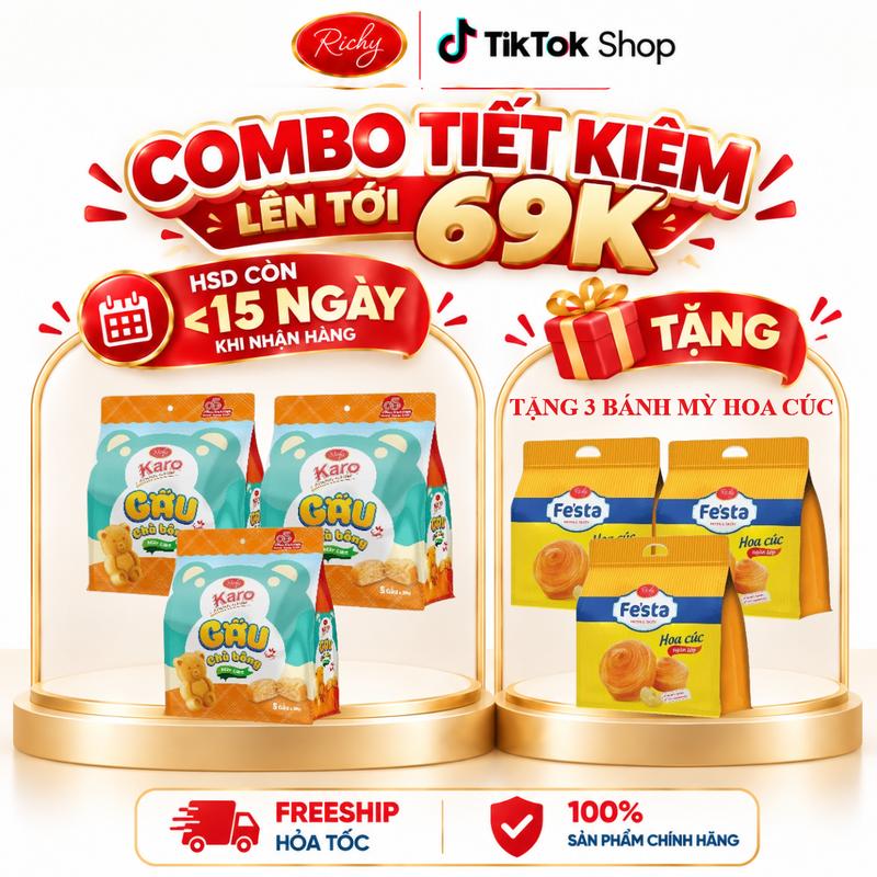 [MUA 3 TẶNG 3] Combo 3 Túi Bánh Karo Gấu Chà Bông DATE < 15 Ngày Khi Nhận, Snack Candy banh gau Ăn Vặt Food