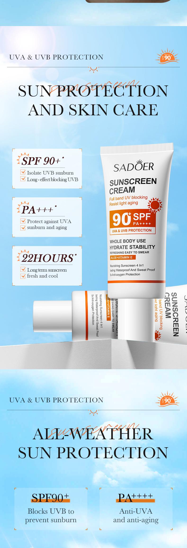 Product Introduction of SPF90 Full Band UV Blocking Resist Light-aging  Cream sunscreen Facial Nourishing Lasting Waterproof Sweatproof Skin Repair  Comfort Skincare PA++++ 3