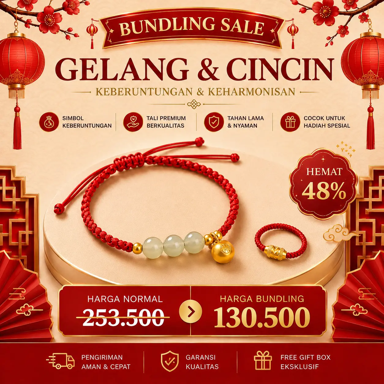 [ BISA COD ] Tivelle Special Bundling | Gelang Jade Charm & Cincin Vermillion Knot Elegan Premium Simbol Hoki & Harmoni