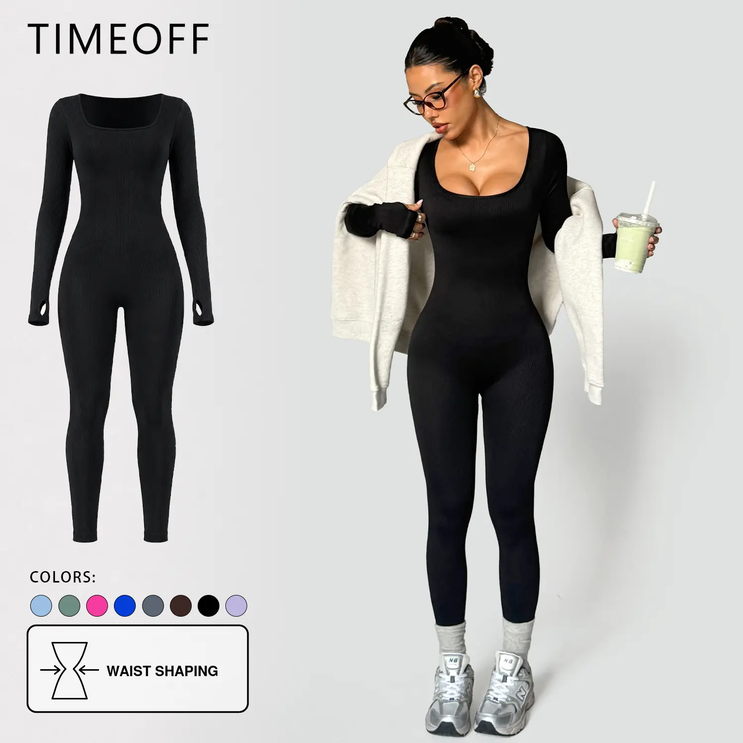 TIMEOFF Mujeres Deportes Traje de juego de ajuste apretado Traje de ejercicio con costillas de manga larga Traje deportivo Traje de yoga de una sola pieza en color sólido Liso como mantequilla Cintura elástica suave y lujosa Control del vientre Tela trans
