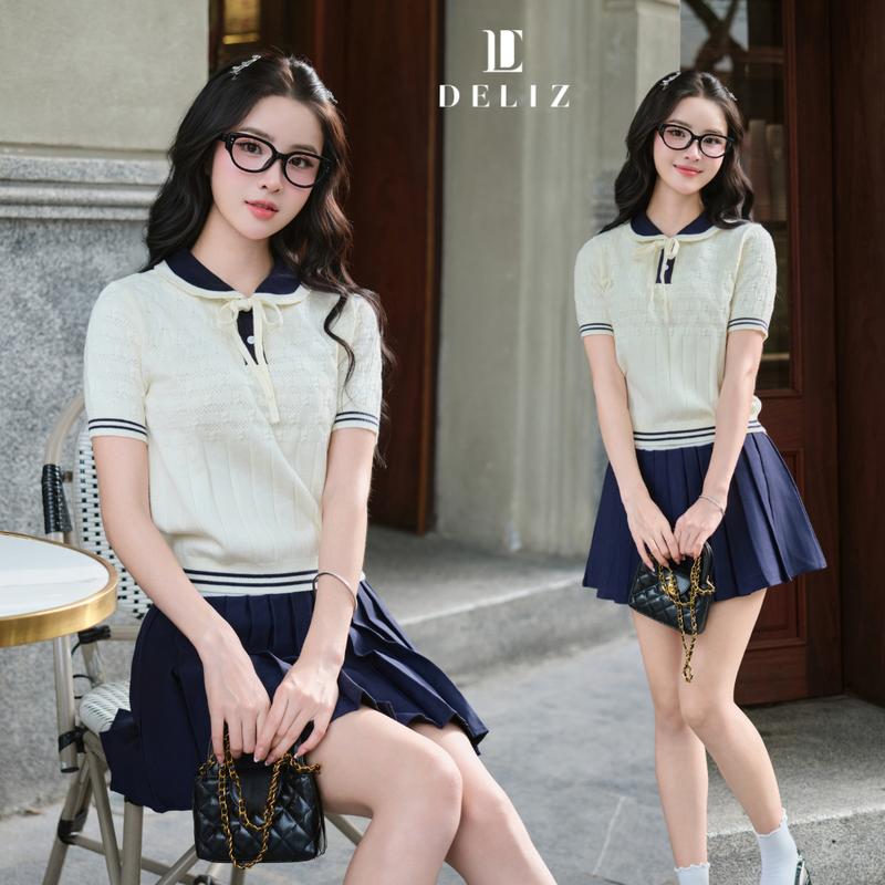 DELIZ - Áo len cổ sen thiết kế thắt nơ kiểu dáng cộc tay chất liệu cao cấp - PL29