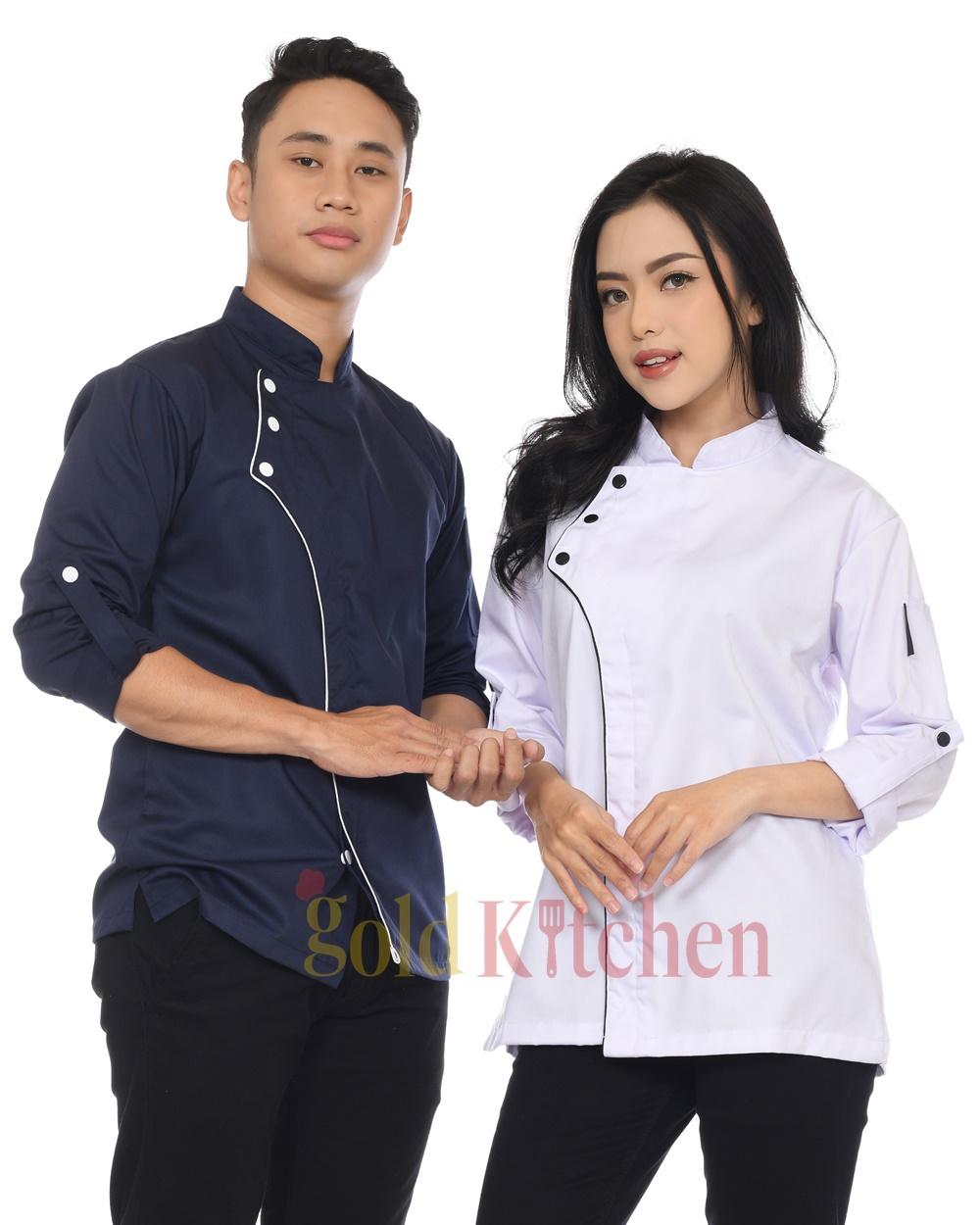 Gold Kitchen Baju Chef Koki Unisex Lengan Panjang Model Style Kualitas Tinggi Bahan Poly-Cotton DRILL Nyaman Dipakai Warna Hitam Putih Biru Navy Abu