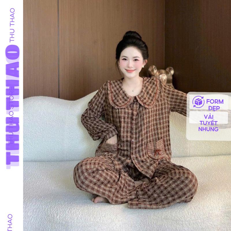 Bộ ngủ bộ mặc nhà dài tay kẻ tuyết nhung màu pastel form đẹp by Thu Thảo Store