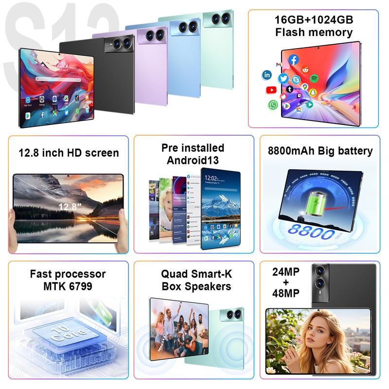 Tablet Smart S13 Asli Baru - Layar OLED 12,8 inci, RAM 16GB + Penyimpanan 1TB, Mouse Gratis, Resolusi 2.5K, Kecepatan Refresh 120Hz, Kamera Ganda 24MP + 48MP, Prosesor MTK 6799 10-Inti, Baterai 8800mAh, Android 13 1
