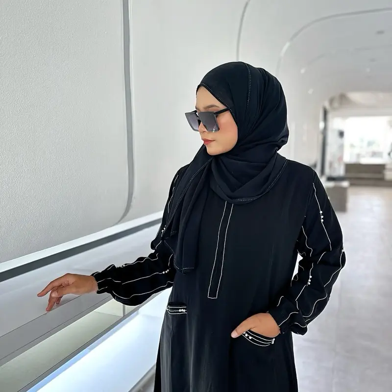 Abaya Gamis Remaja Simple Dress Hitam Mutiara Adya Mom and Kids Muslim Wanita Dewasa Bordir Mewah Arab Renda Turki Syari Kombinasi Putih 4