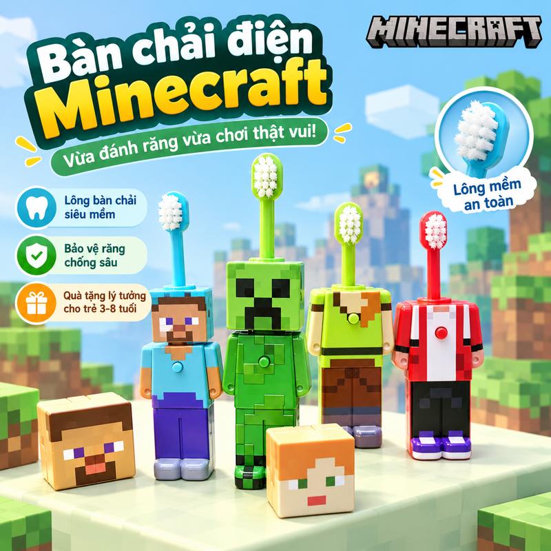 Bàn chải đánh răng điện đồ chơi trẻ em Minecraft 2 trong 1| Thiết kế lông mềm chống sâu răng và bảo vệ răng| Phù hợp làm quà sinh nhật cho bé trai và bé gái từ 3-8 tuổi| Dụng cụ rửa mặt giảm stress phong cách pixel đáng yêu