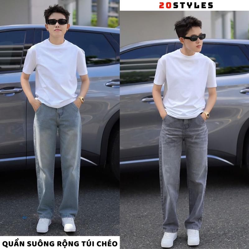  QUẦN JEAN TÚI CHÉO ỐNG SUÔNG RỘNG nam 5 màu xám wash đen wash xanh nhạt wash đen trơn đen chỉ vàng chất vải Dày Dặn quần unisex dễ phối đồ kiểu dáng Hàn Quốc 