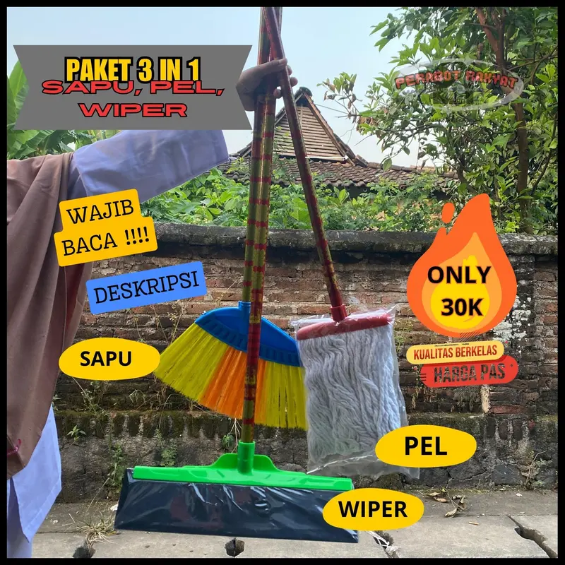 PAKET SAPU 3 IN 1 SAPU SENAR PEL & WIPER @3 ALAT BERSIH PLUS GAGANG PLASTIK serat nilon dengan gagang Lantai 2