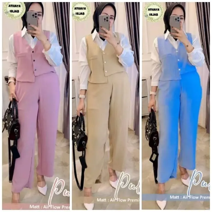 PULIYA SET CRINKLE AIRFLOW TERBARU SETELAN  CELANA DAN KEMEJA ROMPI VEST WANITA KEKINIAN 4