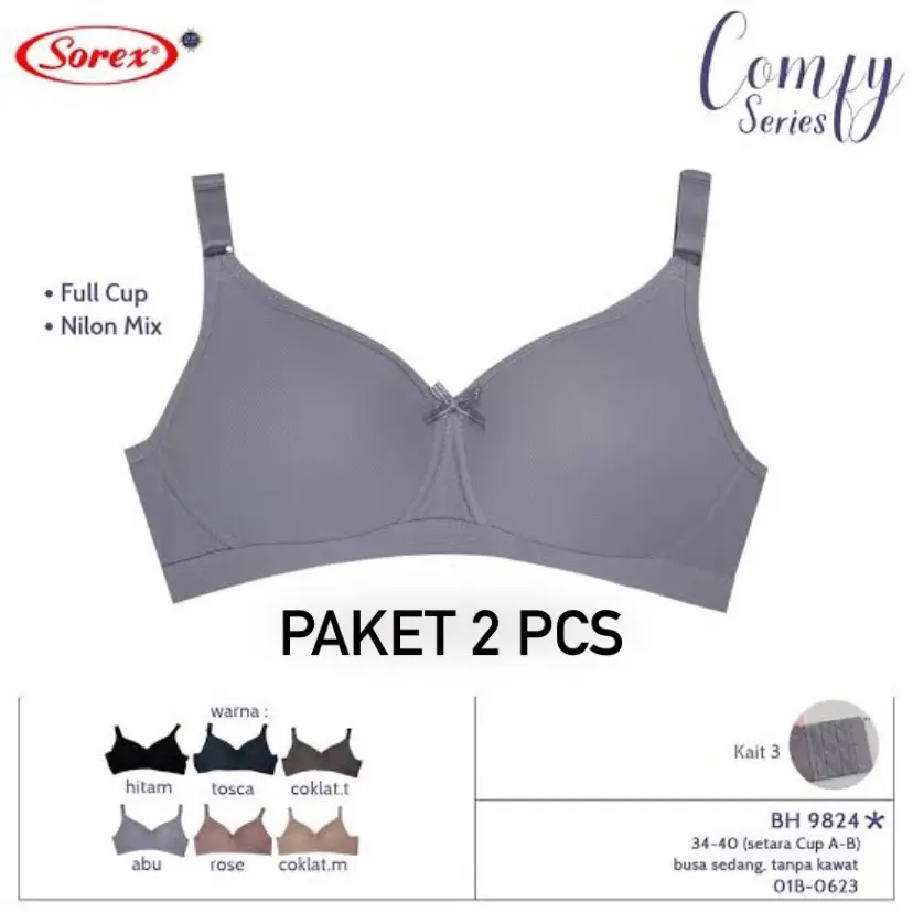 PAKET 1-3PCS BH SOREX 9824 | 34-40 | CUP A-B | BUSA TANPA KAWAT KANCING 3 Busa Lembut