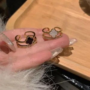 Cincin Daun Semanggi lucu Wanita Adjustable Fashion Elegan Mewah Aesthetic Couple Ring Kekinian