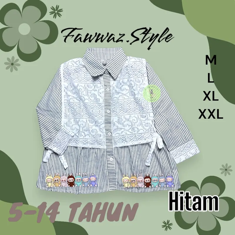 [Bisa COD] Kemeja Blouse Salur Mix Brokat ARUMI LABUBU Anak / Kemeja Salur Brokat Korean Style Anak Perempuan Fashion Viral Pakaian 1