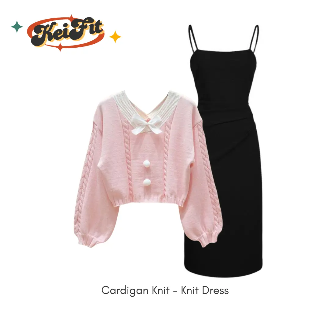 Sakura One Set Pink Black Sweater & Dress Knit Hitam Korean Style Cantik Setelan Wanita Kekinian Paket 2in1