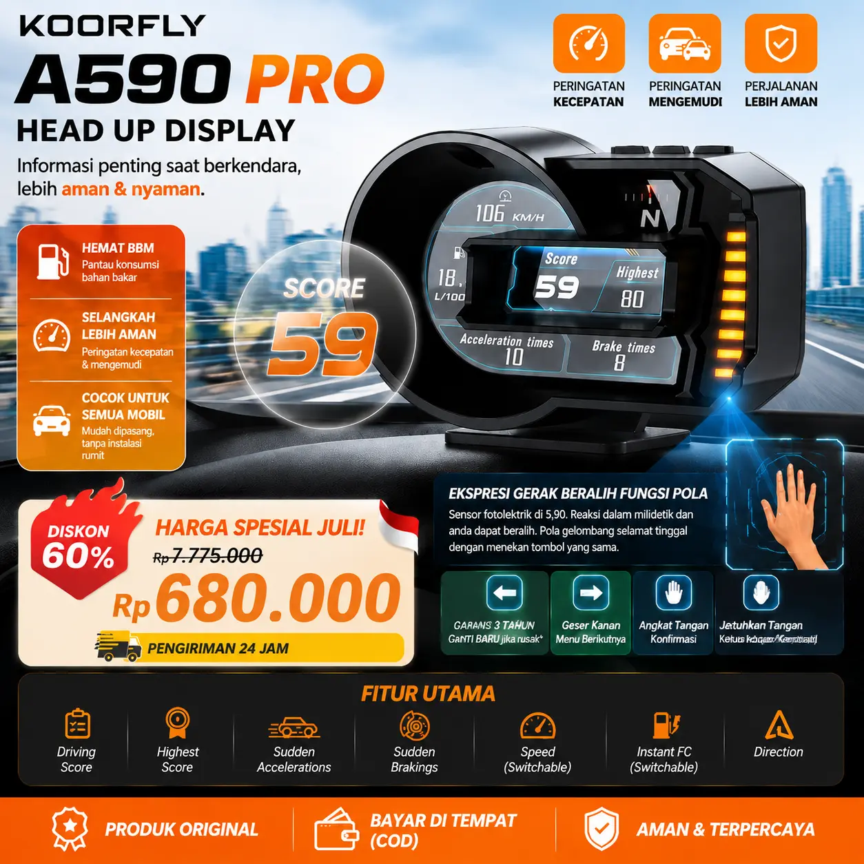 Koorfly A590 PRO HUD Mobil OBD2 GPS Smart Display Agustus Sale - Speedometer Digital Real-Time, Gesture Control, Safety Driving Assistant, Hemat BBM & Plug Play Universal Car Display