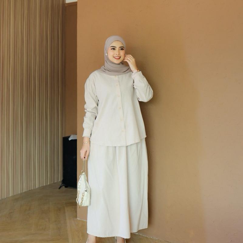 Ayana Set by Adiyana Apparel- krem Fit Nyaman Muslim Wanita Gamis Setelan Panjang Lembut Jilbab Celana 2
