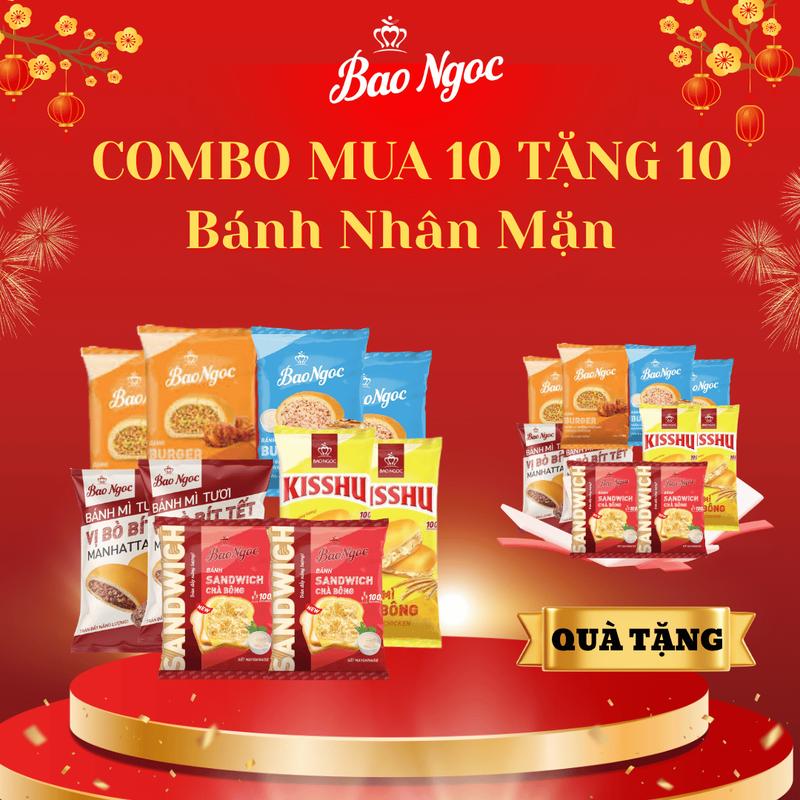 [Mua 10 Bánh Nhân mặn Tặng 10 Bánh Mặn ] Mua 10 Bánh Mặn Tặng 10 Bánh Mặn Bánh Mì Tươi Nhân Chà Bông, Nhân Gà, Nhân Bò, Bánh Mì Bảo Ngọc