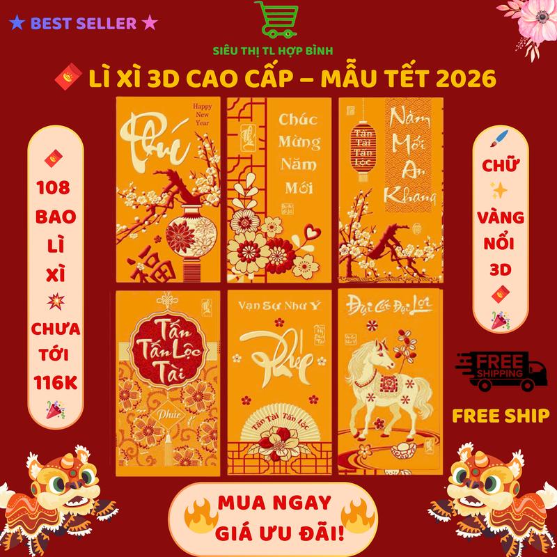 Combo 36 Bao Lì Xì Chữ In Nổi Cao Cấp – Chữ 3D Ánh Vàng Giấy Dày Màu Đẹp Mẫu Đẹp Tết 2026 