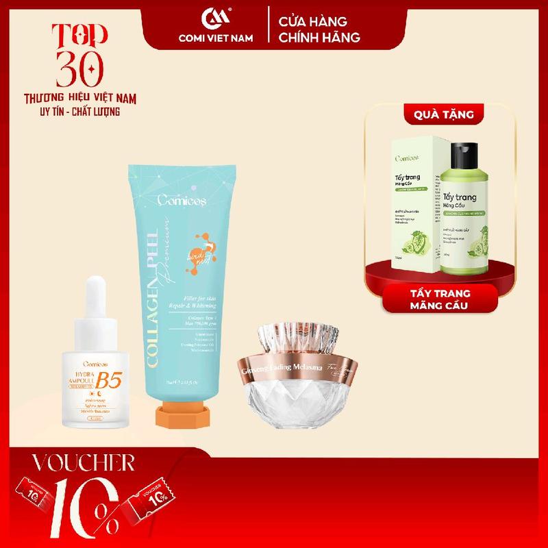 COMBO CHĂM SÓC DA TOÀN DIỆN – PEEL COLLAGEN 4K (75ML) & SERUM B5 HA (20ML) & CAO NÁM HỒNG SÂM (20G). Hỗ Trợ Mờ Sạm, Nám. 0