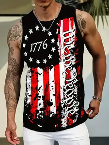 Baju tanpa lengan lelaki, cetakan bendera Amerika, leher berpakaian santai, bahan poliester yang selesa dan bernafas untuk sukan luaran & cuti, pasangan reguler - 100% poliester, bahan raiolmozgesi