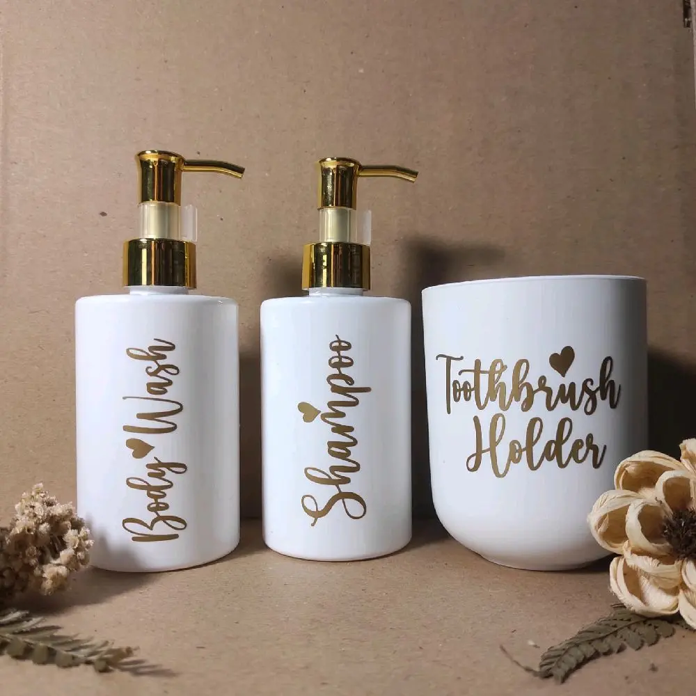 Botol Sabun & Shampo Pump Plastik Gelas Tempat Sikat Gigi Peralatan Kamar Mandi Aesthetic 250ml Gold&Silver (T2)
