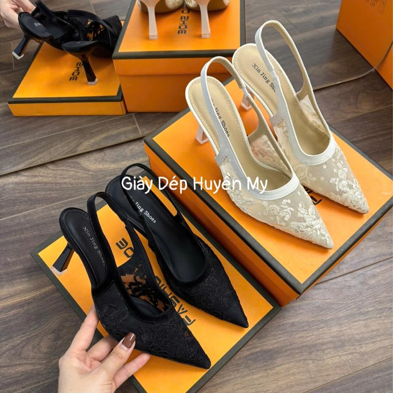  Giày Cao Gót 7P Ren Lưới Thêu Hoa  Mũi Nhọn Hàng Cao Cấp Full Hộp   LT27   