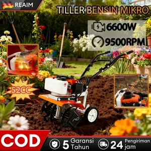 REAIM Mini Tiller Bensin Multifungsi - Mesin Pengolah Tanah Mikro [Aluminium Ringan] untuk Pertanian & Kebun Cocok untuk Pembajakan, Parit & Reklamasi Lahan