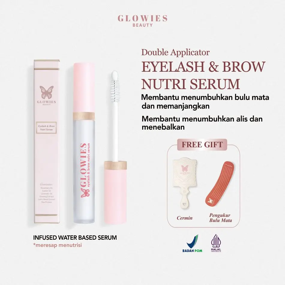 GLOWIES BEAUTY Eyelash & Brow Nutri Serum | Serum Penumbuh Alis dan Bulu Mata 4 ml | Free Gifts Cermin & Pengukur Bulu Mata | Water Based Serum Box Mascara