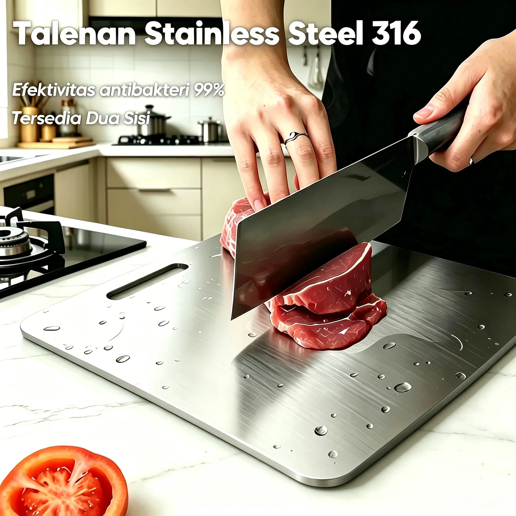 PACPIE 316 Talenan Stainless Steel Dua Sisi Anti Bakteri Food Grade Anti Karat, Tebal 1.2 MM Ukuran 25x15cm-60x40cm Peralatan Dapur Potong Daging Buah Sayur, Lapisan Pelindung Belakang Bisa Dikelupas