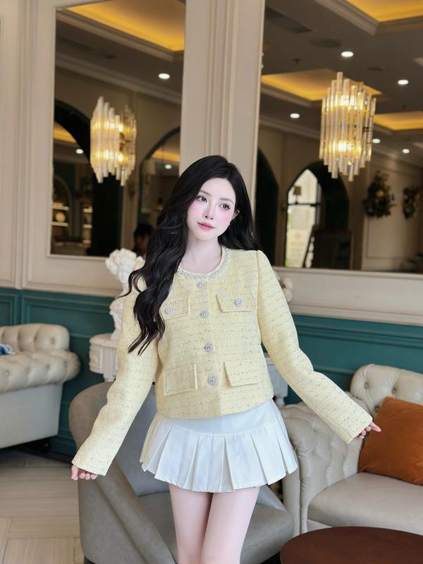  Áo khoác dạ Tweed dày dặn 4 túi bling đính viền cổ kim tuyến tiểu thư sang trọng KENVY STORE N348 
