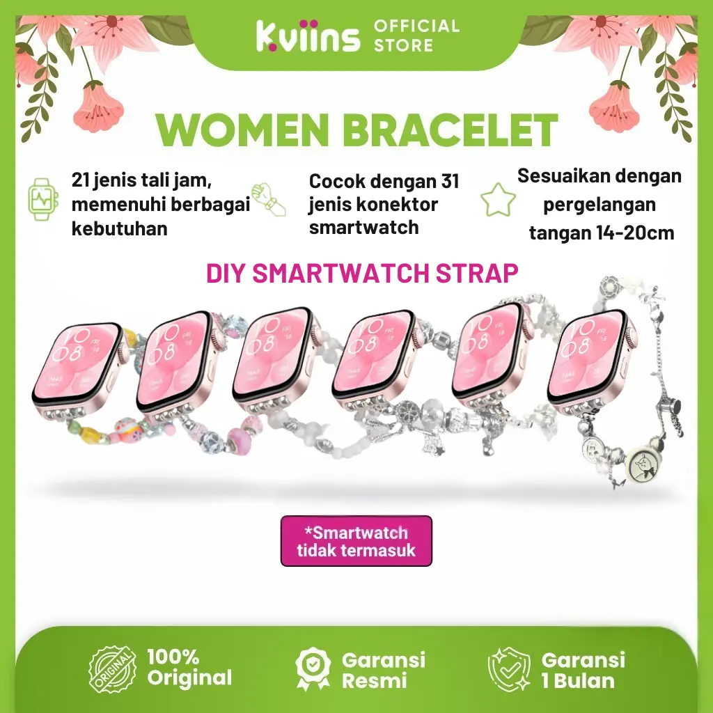 Kviins Strap Huawei Band 9/8 Samsung Fit 3 Smartwatch Strap | Elegant Watch Bands for Huawei, Samsung, Xiaomi & iWatch | Women's Stylish Watch Straps - Butterfly White Pearl, Pink Pearl, Ceramic Cat | Watch Bracelet