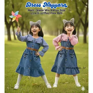 Nayyara Dress Jeans Free Belt Usia 3-10 Tahun Bahan Jeans Mix Katun Salur Bordir Bunga | Dress Anak Viral Korean Style | Dress Salur Terbaru Kekinian